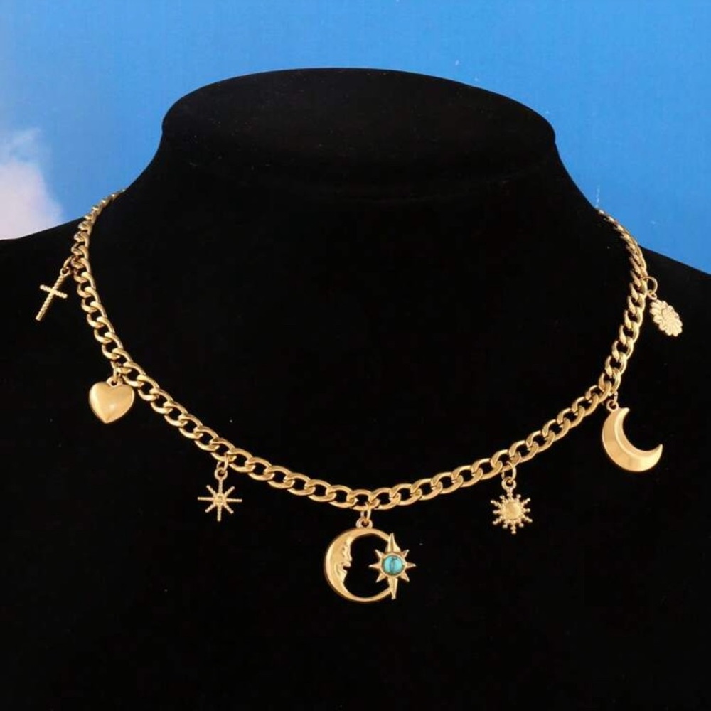 Gold Plated Stainless Steel Moon & Celestial Charm Necklace